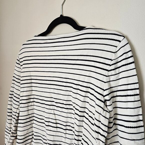 Talbots Top Crewneck Blouse Tie Front 3/4 Sleeve Striped White Black Texture - Picture 5 of 9